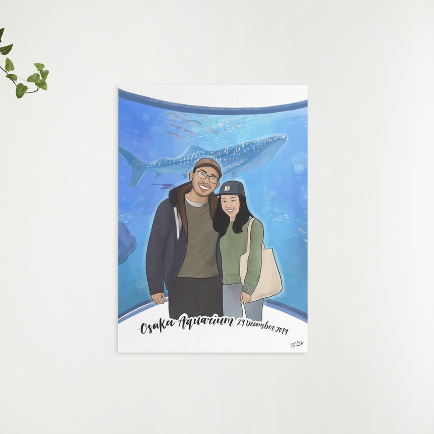 Couple digital portrait illustration with sea aquarium background illustration.