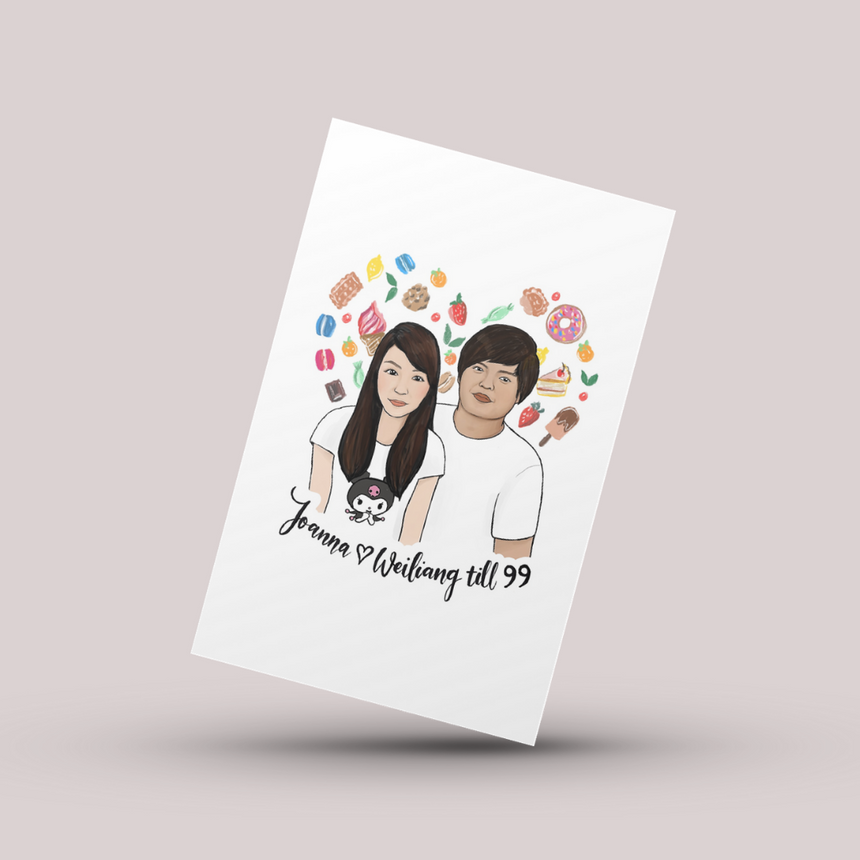 Couple digital portrait with a heart shaped dessert illustration background.