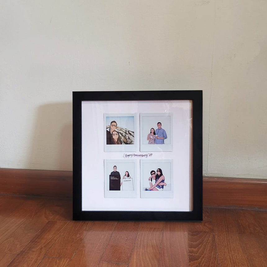 Faceless couple portrait films collage in a black square frame.