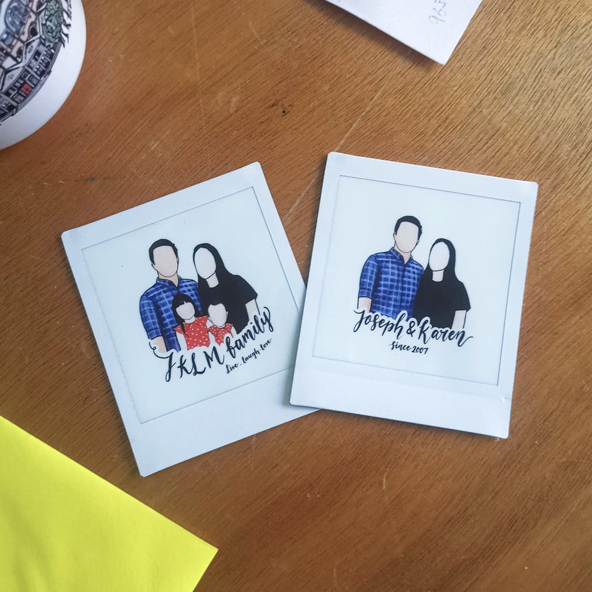 Two portrait square films design featuring a couple and family portrait illustration in faceless art style.