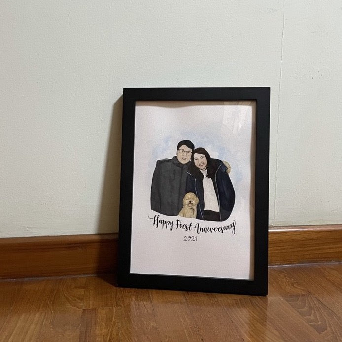 Couple portrait illustration with a pet dog in A4 size black frame as an Anniversary gift.