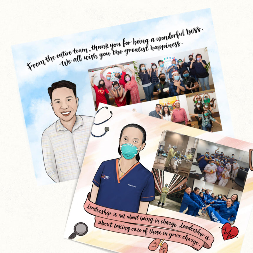 Two coworker portrait photo collage for farewell and retirement examples.
