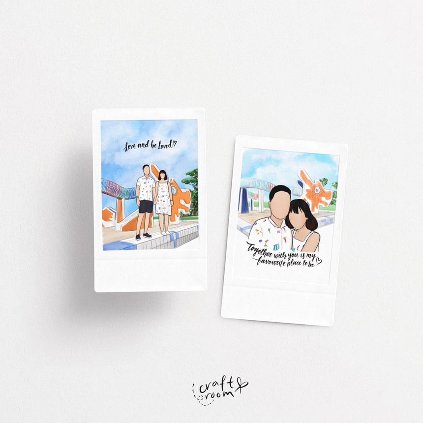 Faceless couple portrait mini films with Singapore orange dragon playground background design.