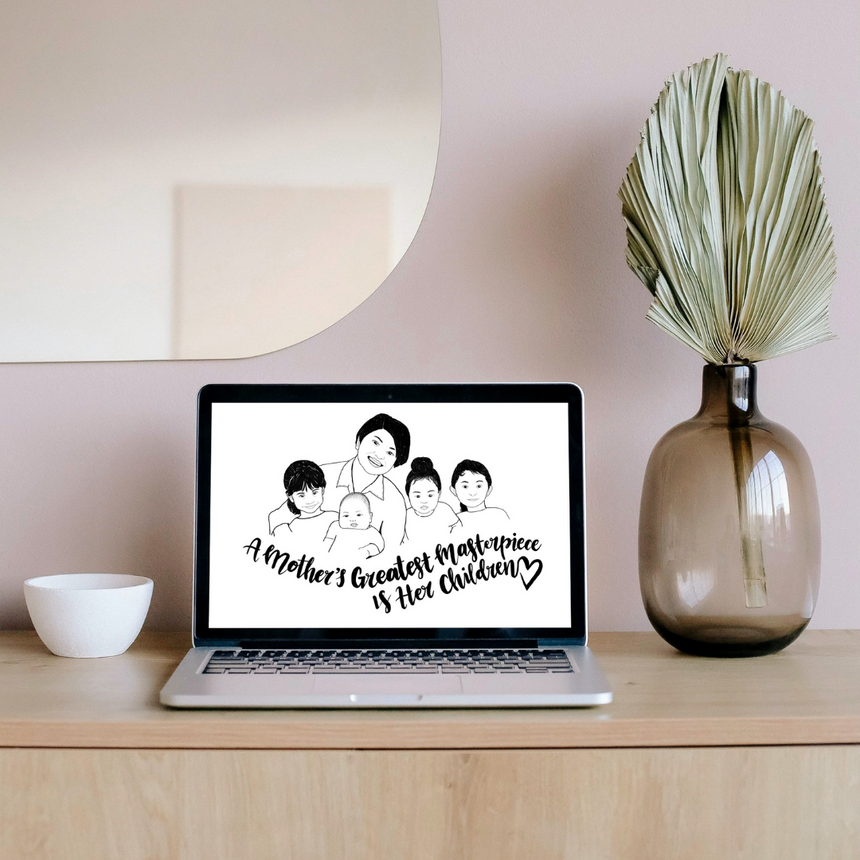 Black and white family digital portrait line art displayed at home.
