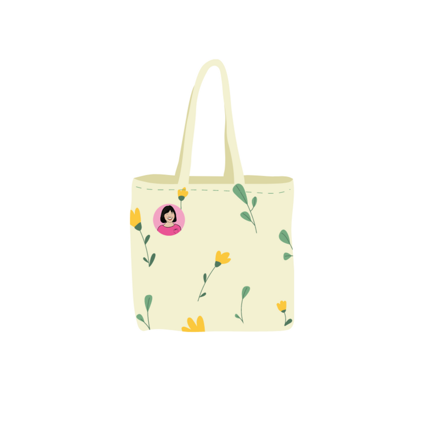 A mockup of how the portrait pin will look like on a tote bag.