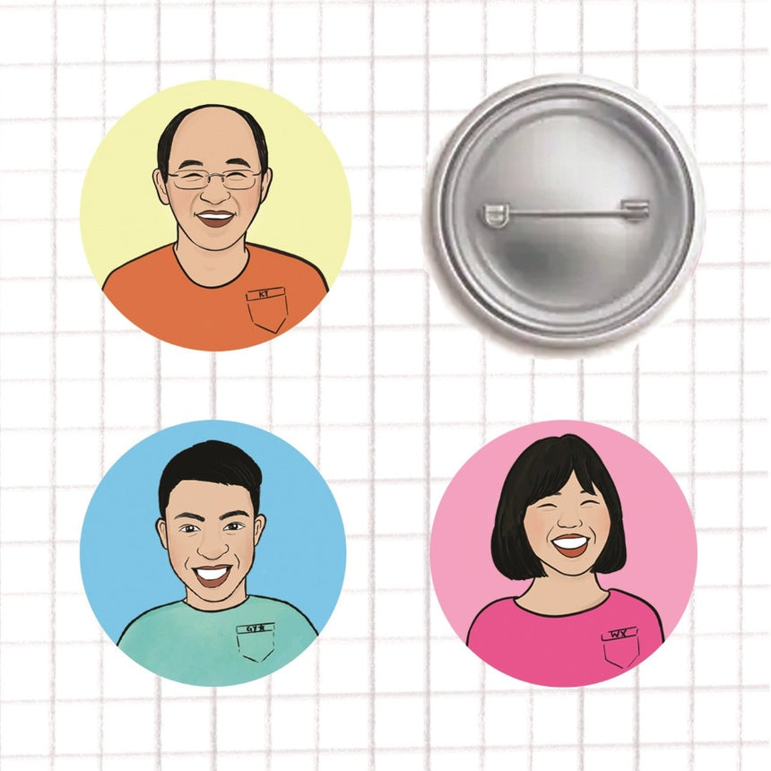 Portrait pin examples with front and back views.