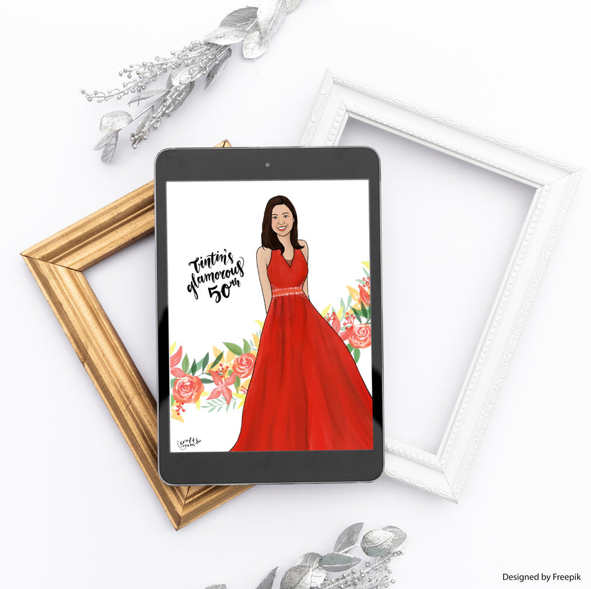 50th birthday digital portrait illustration of a lady in red dress.