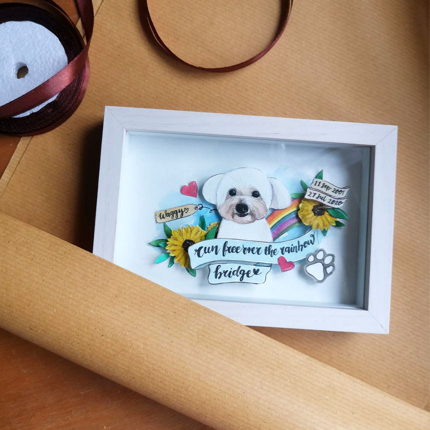 Dog pet portrait memorial pop up rainbow bridge frame sympathy gift.