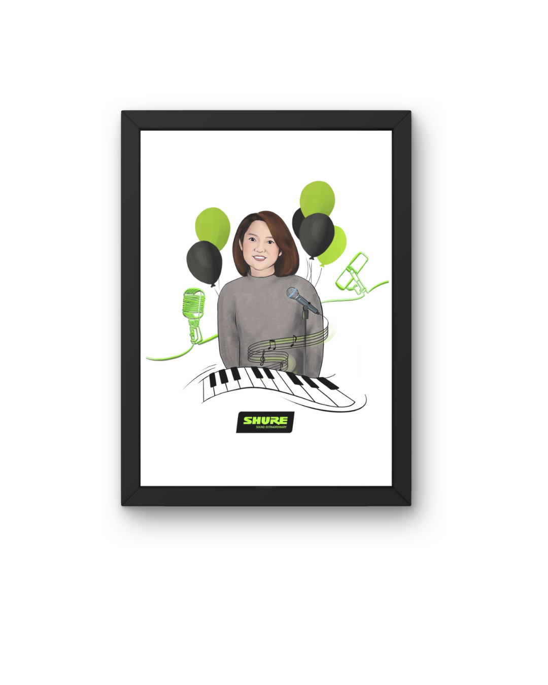 Framed artwork of a person with musical instruments and balloons on a white background