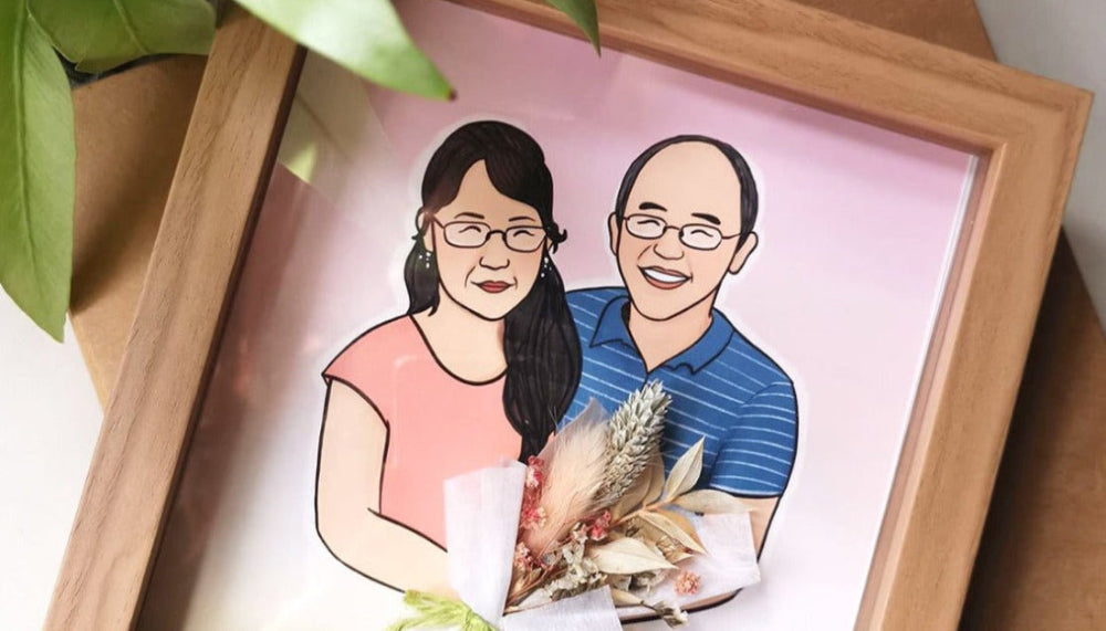 Framed portrait illustration of a couple holding flowers on a light background