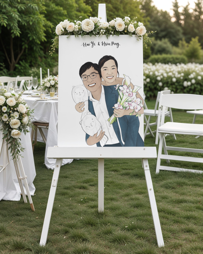 Painting of a couple on an easel at an outdoor wedding reception with floral arrangements and white chairs.