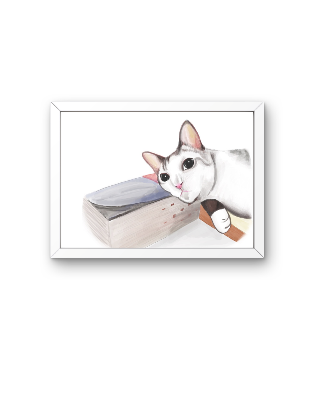 Framed artwork of a cat and a person with a white background