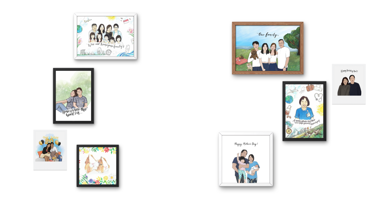 Collection of family photos in various frames on a white wall