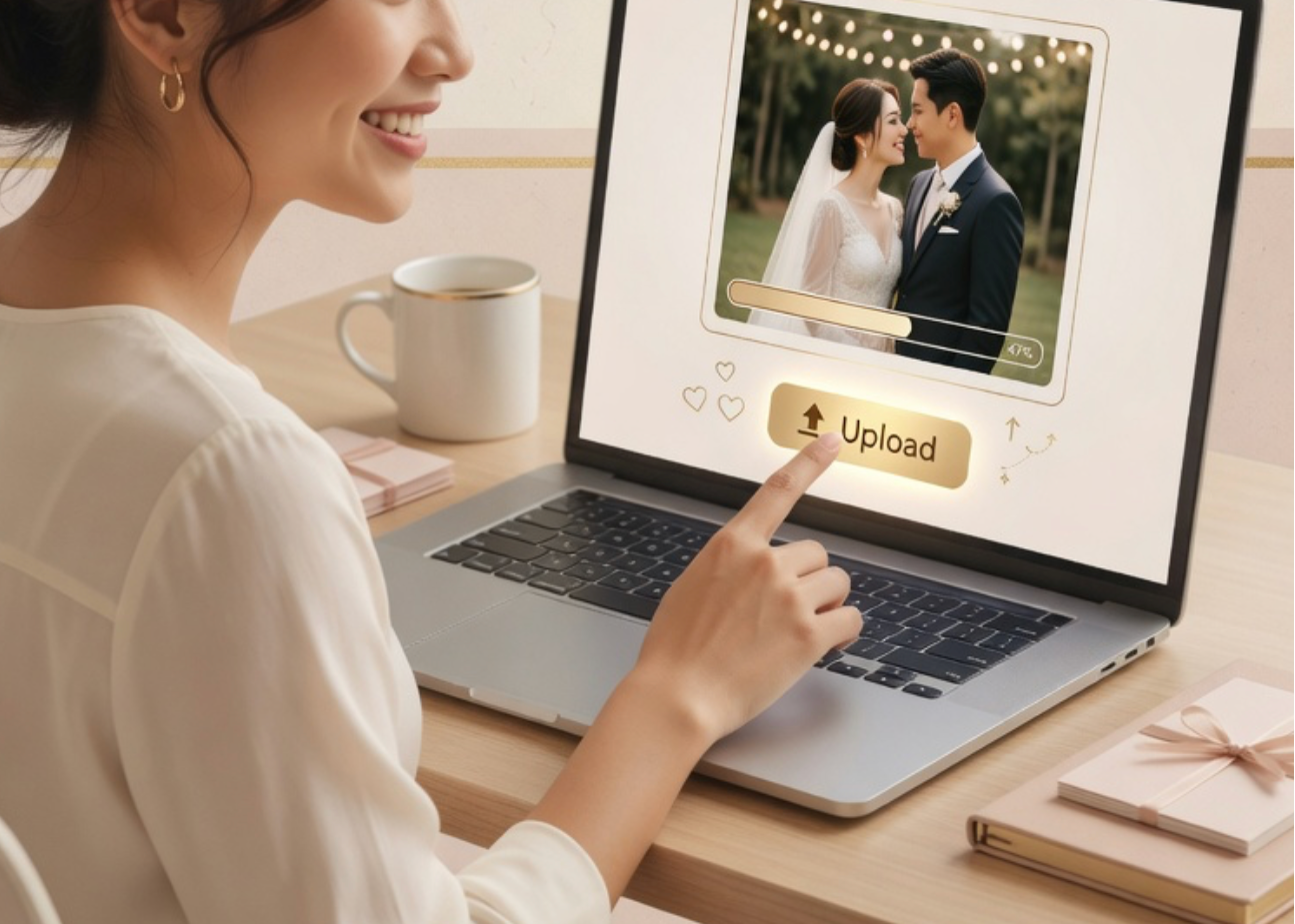 Woman using a laptop with an 'Upload' button on the screen, pointing at it.