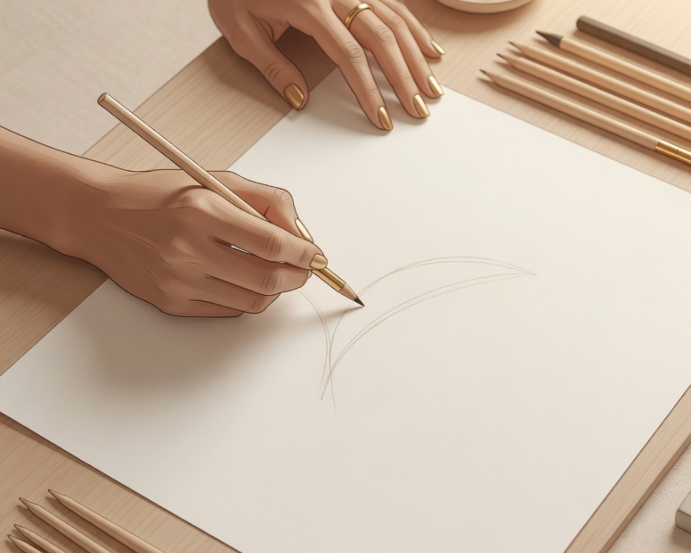 Person drawing on paper with a pencil, surrounded by more pencils and a sharpener.