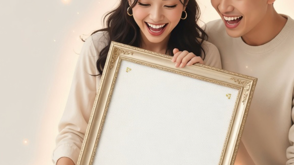 Two people holding a decorative gold frame against a light background