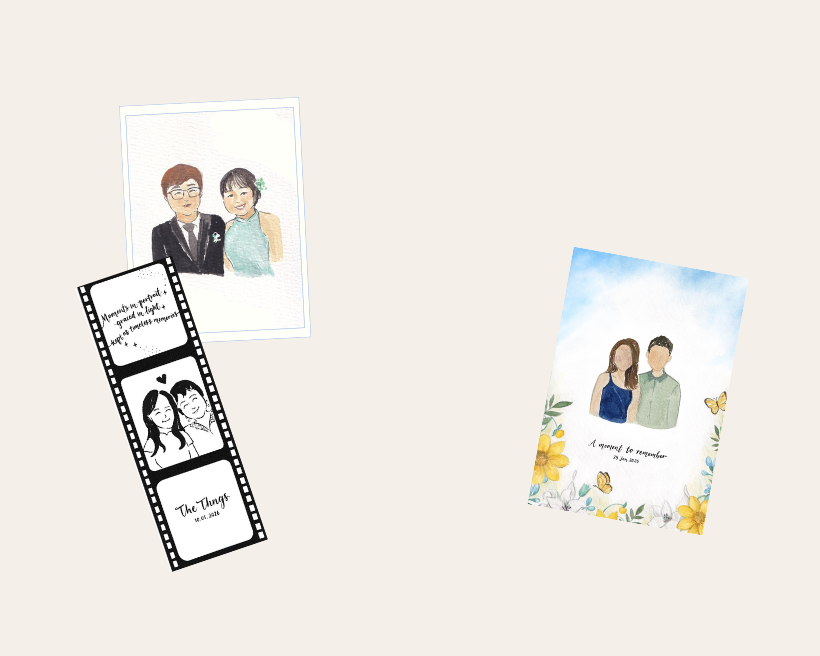 Three personalized greeting cards with illustrations of people on a white background