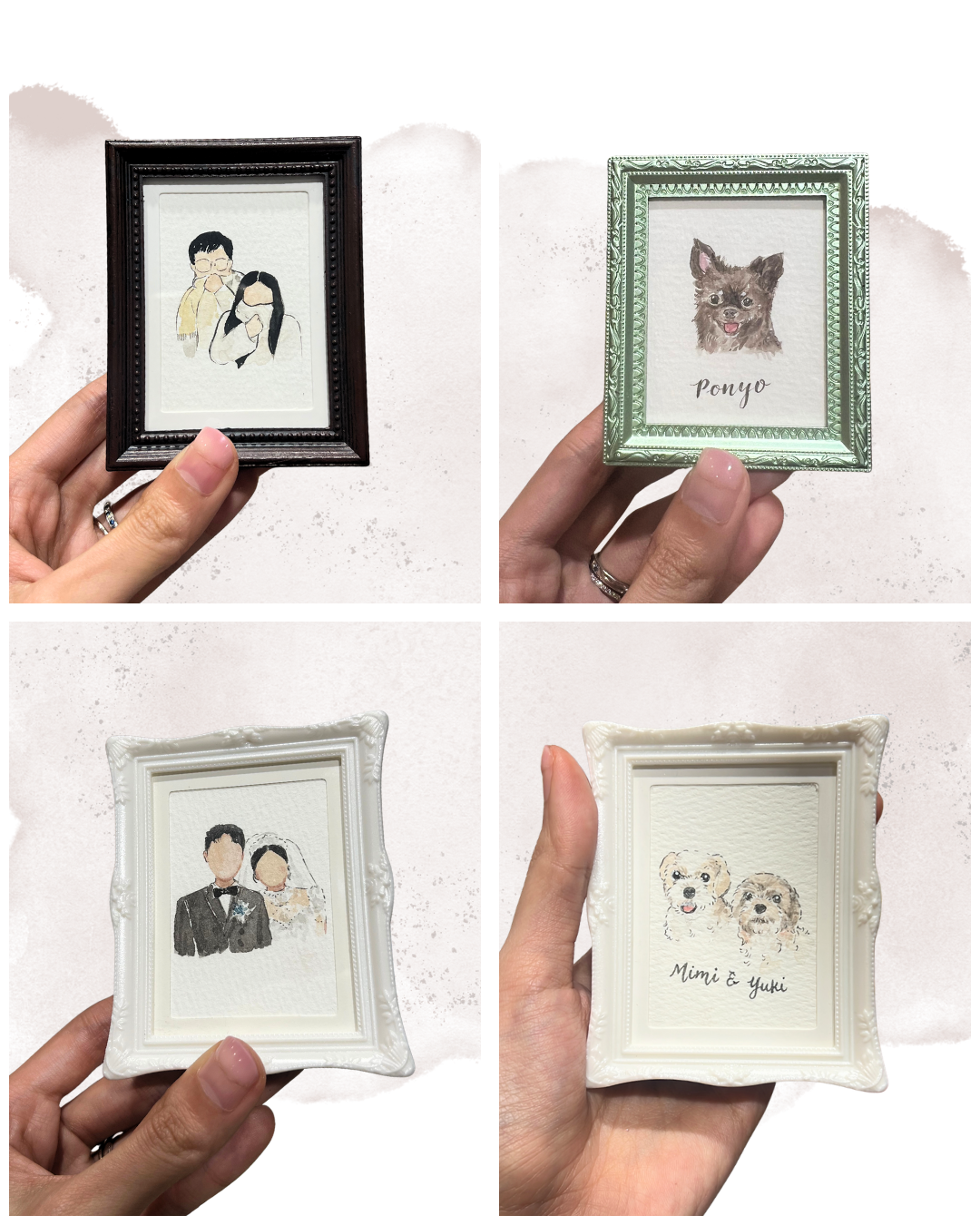 Collage of four framed illustrations held by a person, including a couple, a dog, and two dogs.