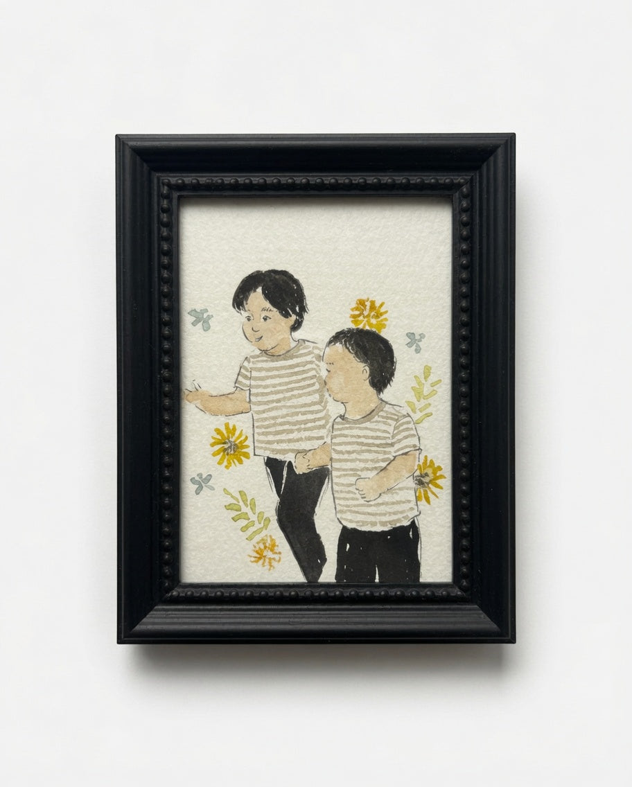 Framed artwork of two children holding hands with flowers on a white background