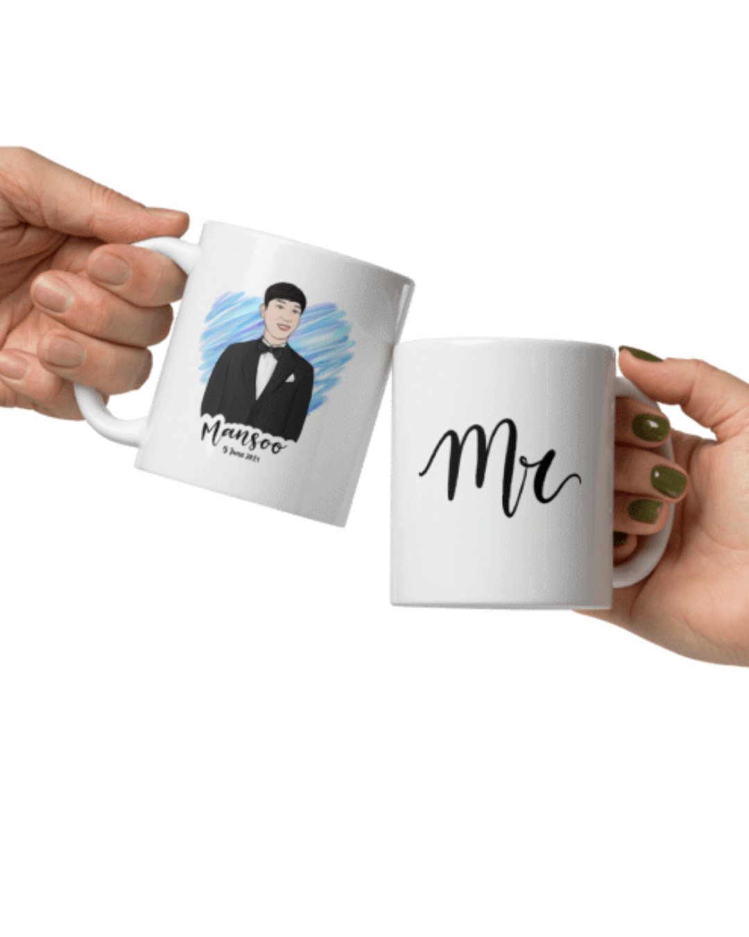 Two mugs, one with a portrait and the other with 'Mr' text, held by hands against a white background.