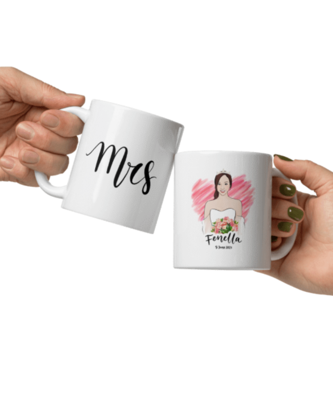 Two mugs being held, one with 'Mrs.' and the other with a personalized design of a woman holding flowers.