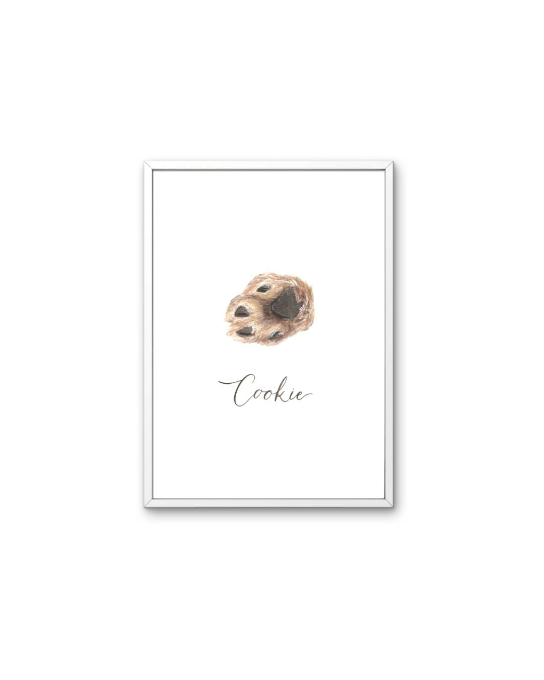 White framed artwork of a watercolor pet paw painting with 'Cookie' text on a white background