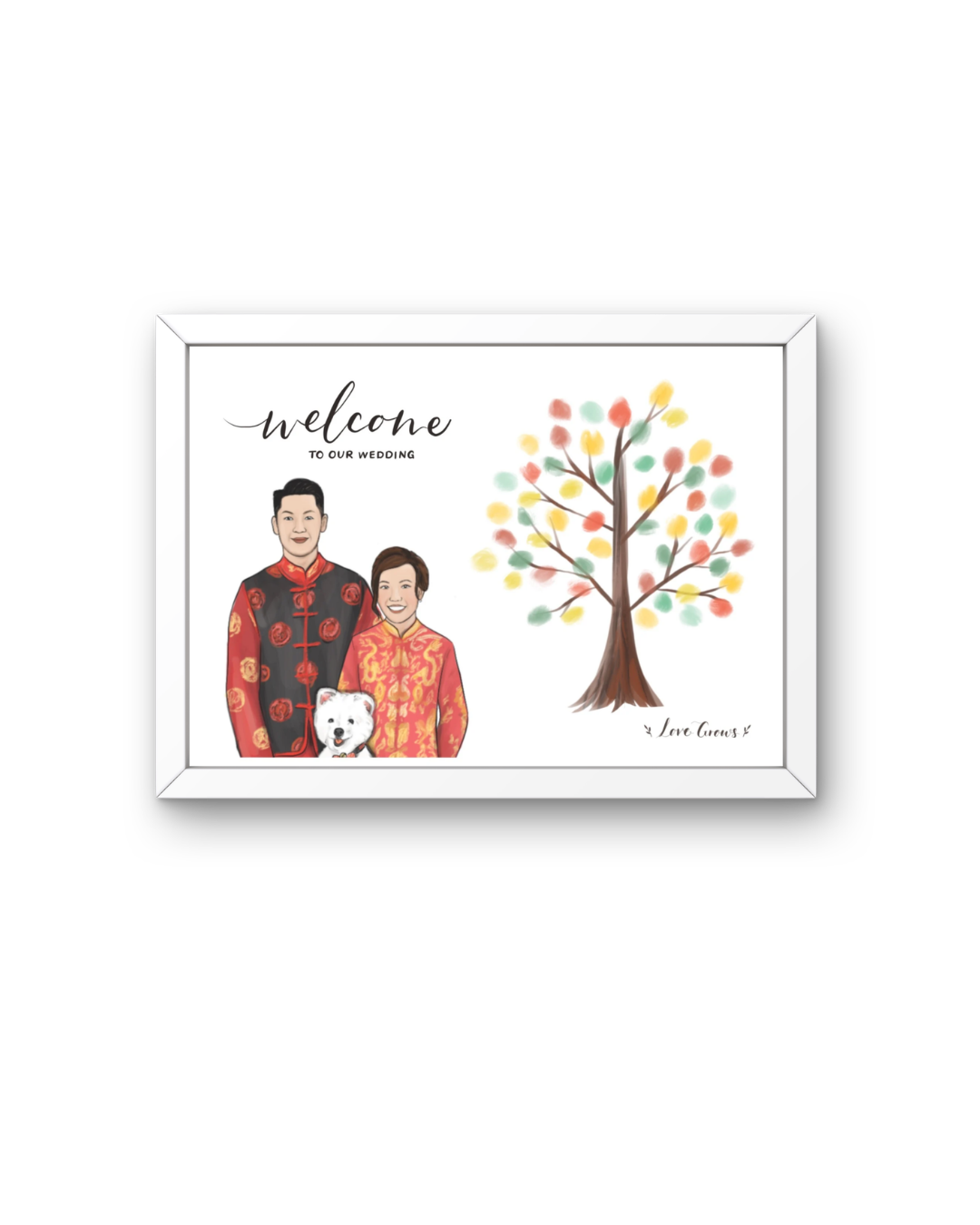 Framed artwork with a couple in traditional attire and a tree, labeled 'Welcome to our wedding'.