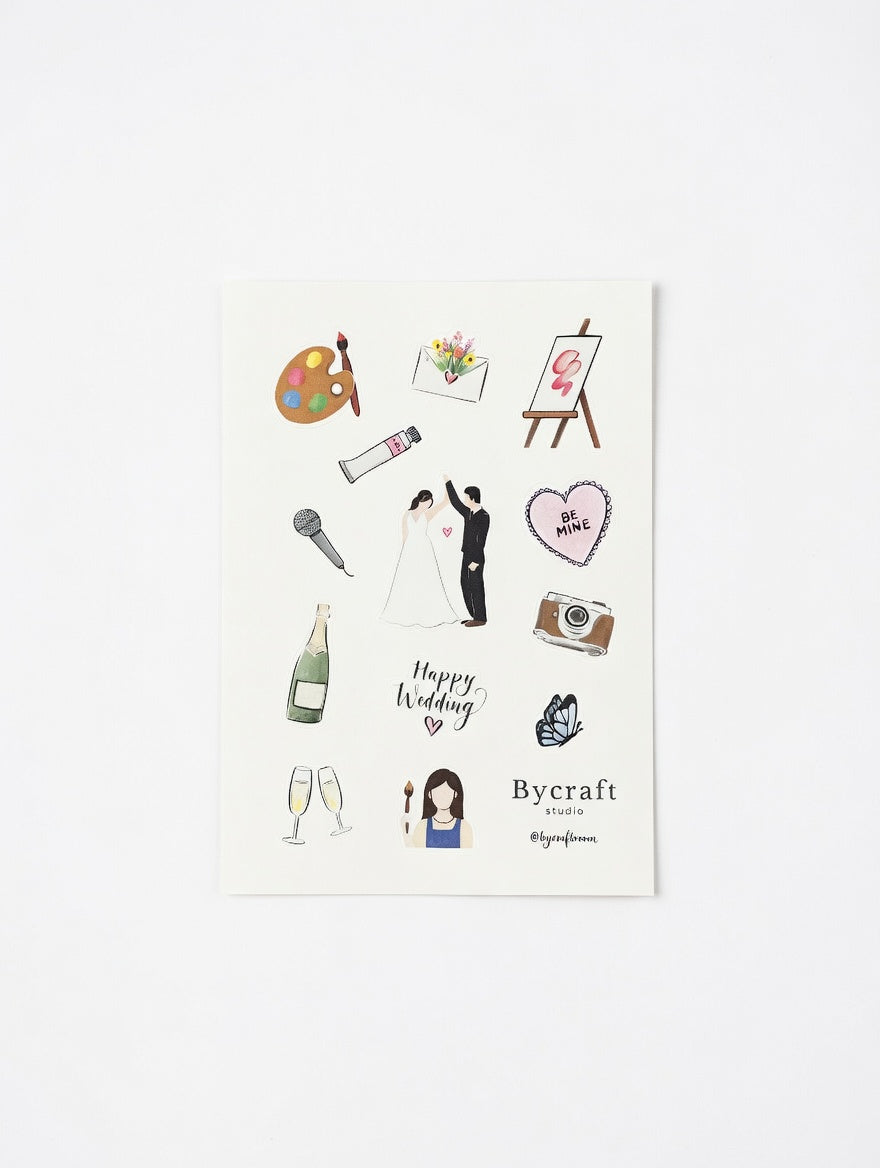 Collection of decorative stickers on a white background with 'Bycraft' branding.
