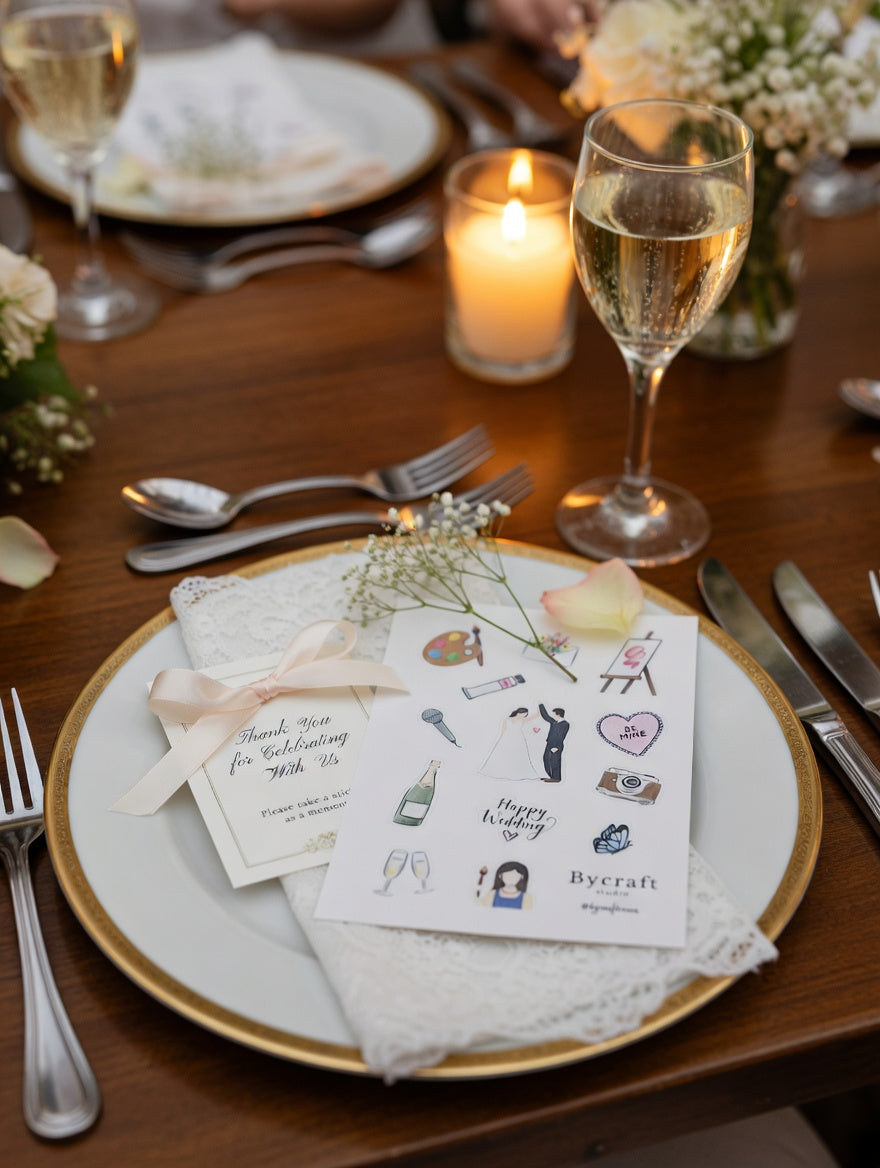 Table setting with wine glasses, plates, and custom sticker sheet on a wooden table.