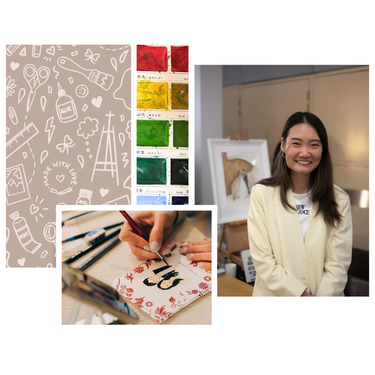 Collage of a woman, stationery items, and color swatches on a white background