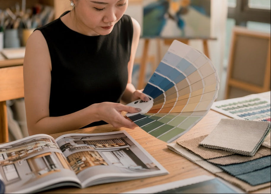 Woman in an art studio looking at color swatches and a magazine