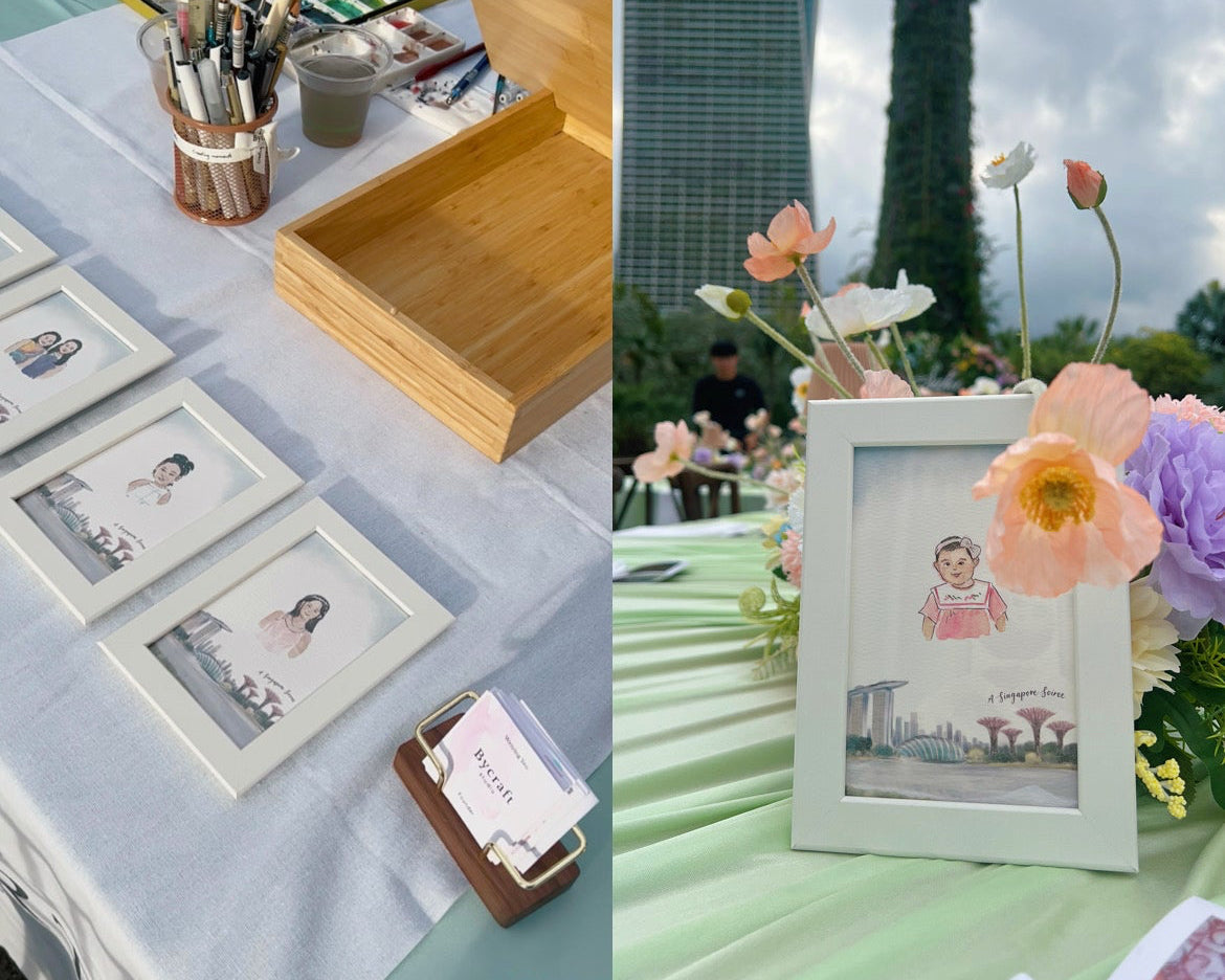 Collage of photo frames on a table with outdoor setting