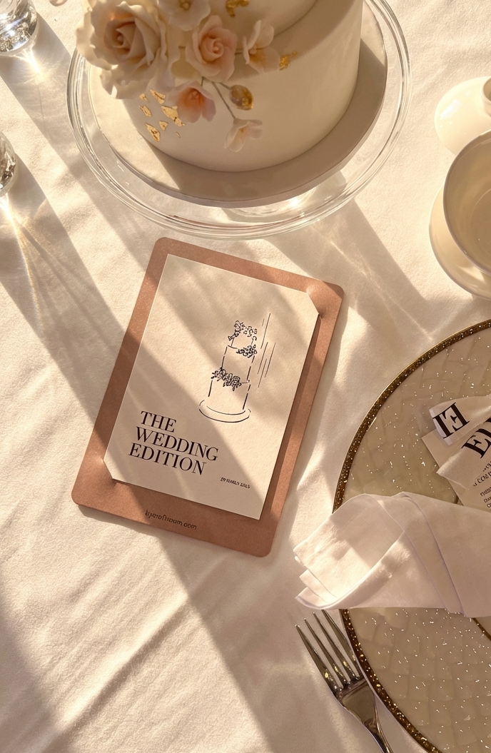 Table setting with a wedding cake, plates, and a magazine on a white tablecloth.