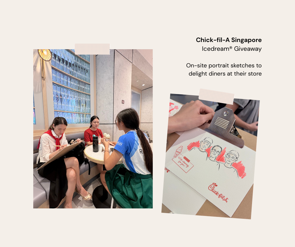 Two images showing people at a Chick-fil-A restaurant with a promotional banner about an on-site portrait giveaway.