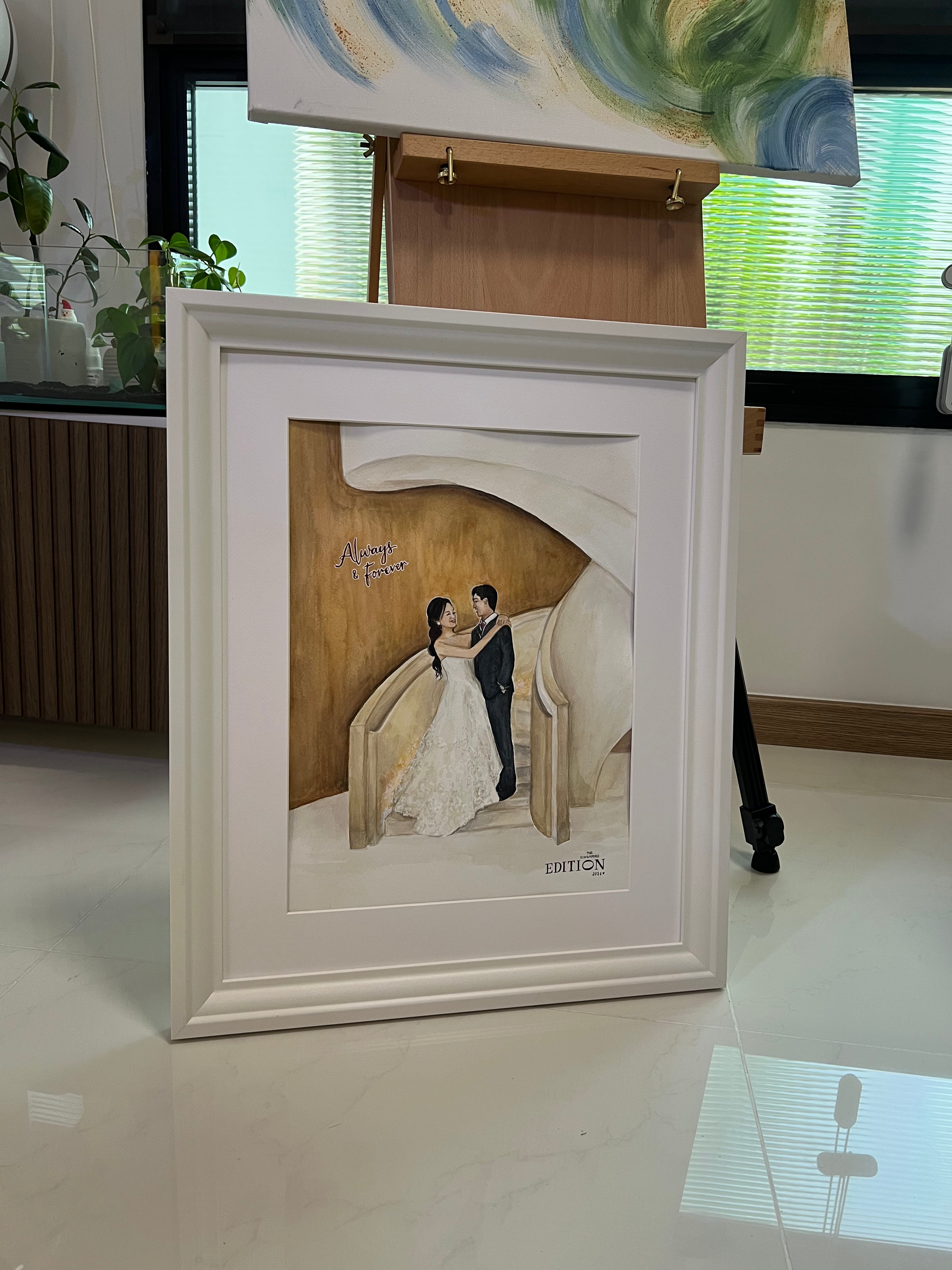 Framed artwork of a couple with a blurred indoor background