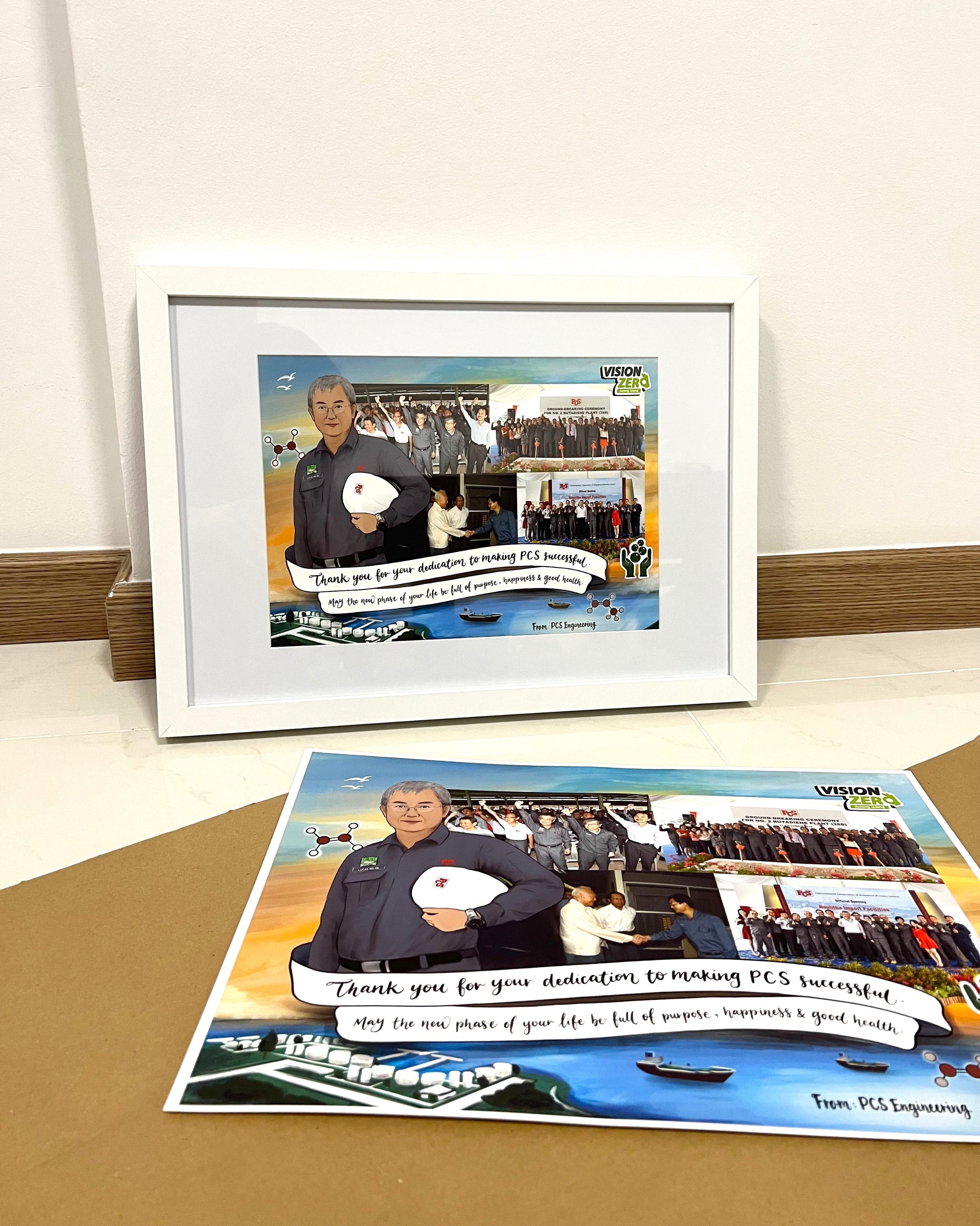 Framed collage of a person with text and images on a wooden surface
