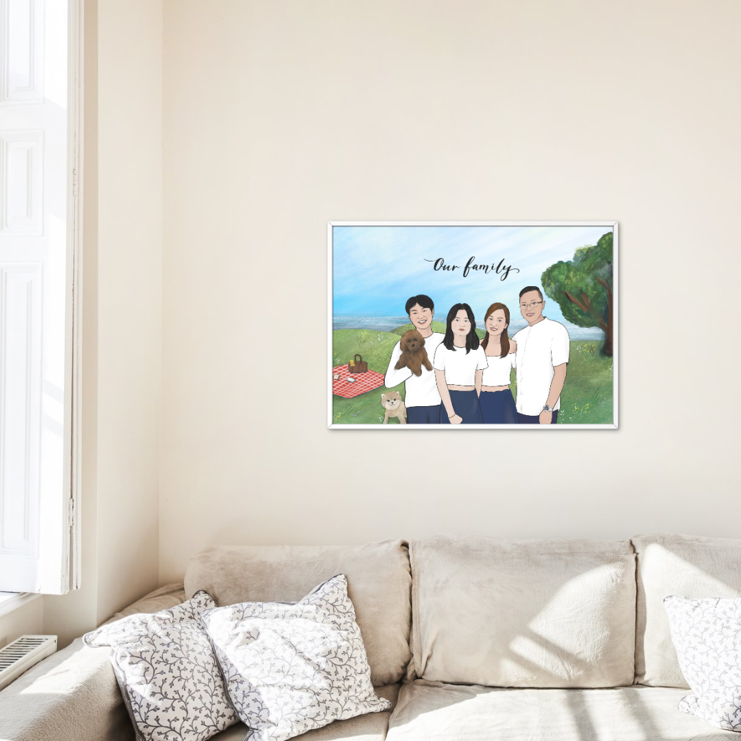 A family digital portrait frame displayed in a living room