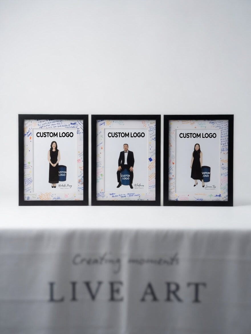 Three framed pictures with 'Custom Logo' text on a white surface with 'LIVE ART' branding.