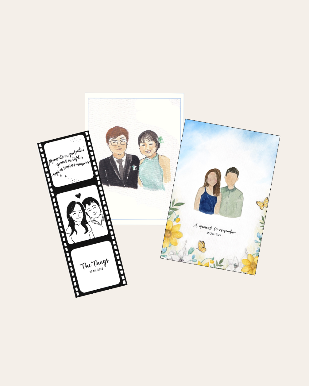 Three personalized greeting cards with illustrations of people on a white background