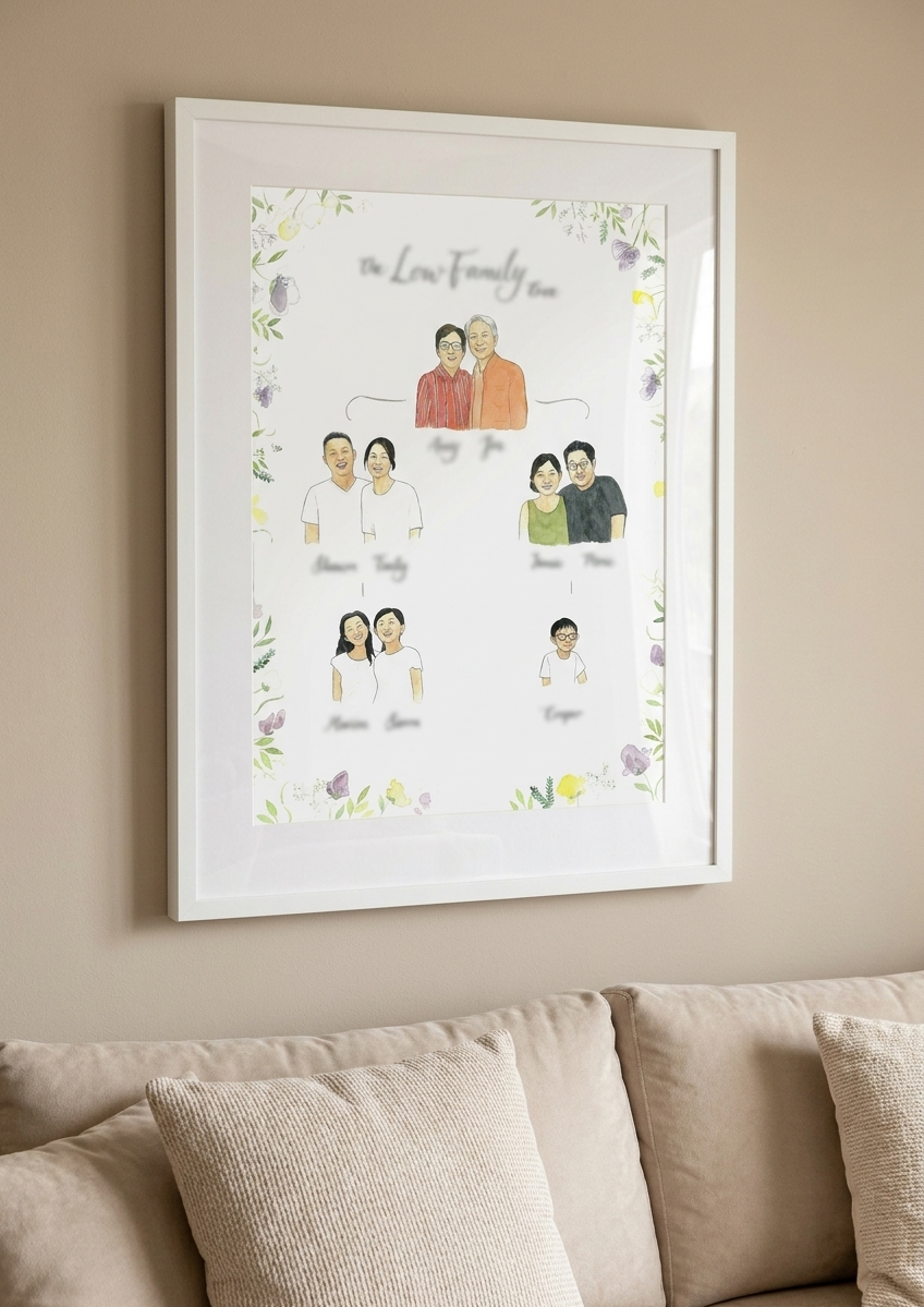 A watercolor family tree painting frame in the living room