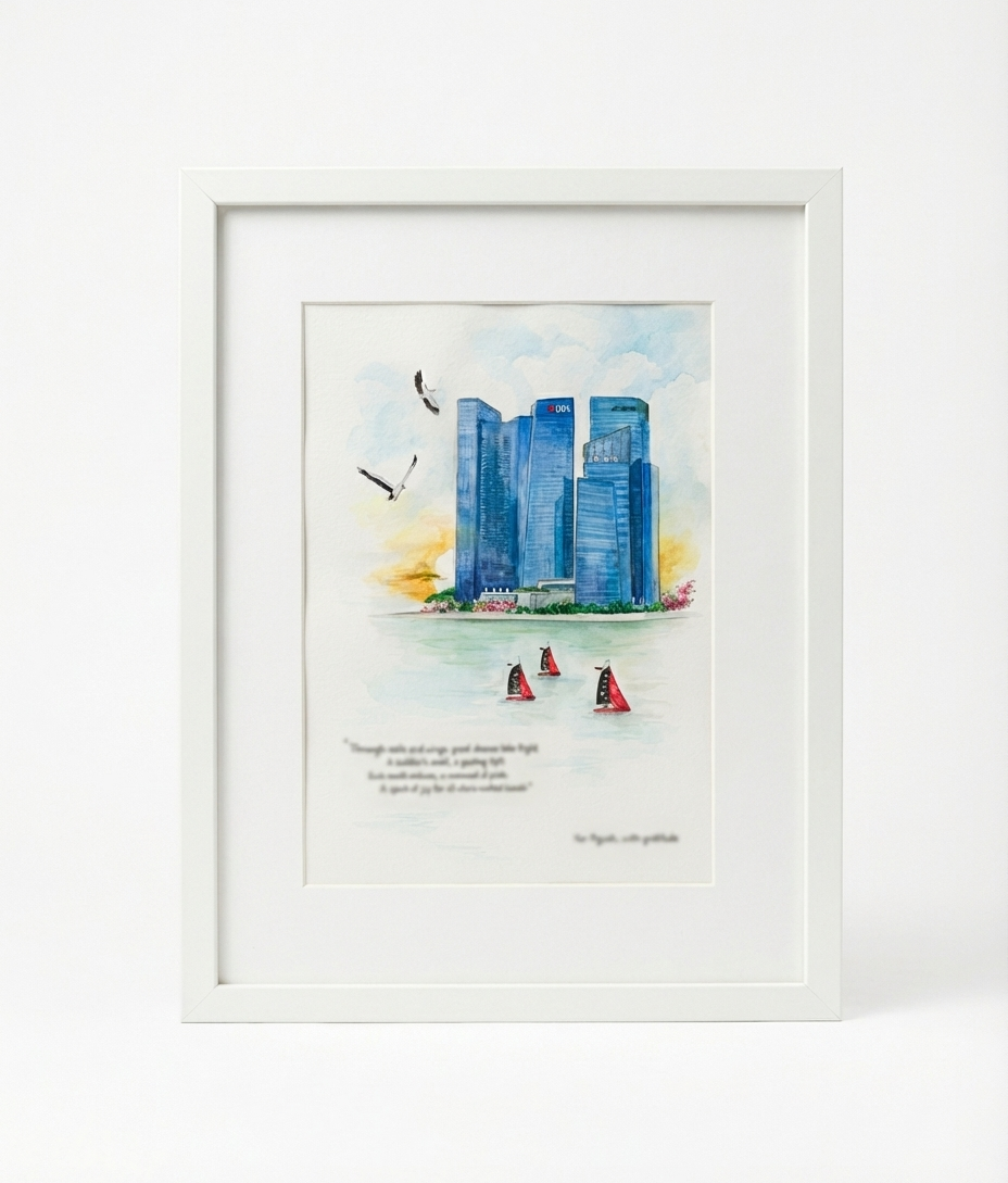 Framed artwork of a city skyline with sailboats on a white background