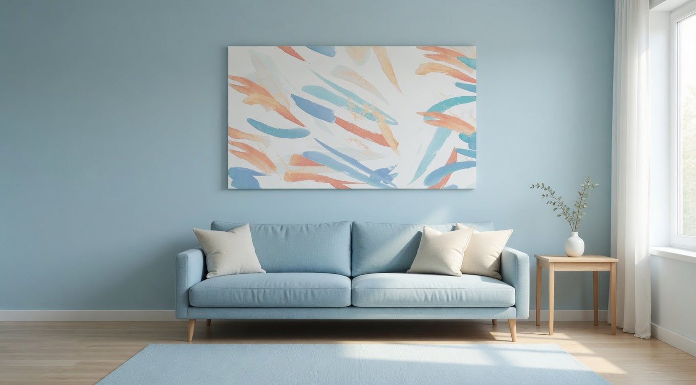 Modern living room with a light blue sofa, abstract painting, and small table with a plant.