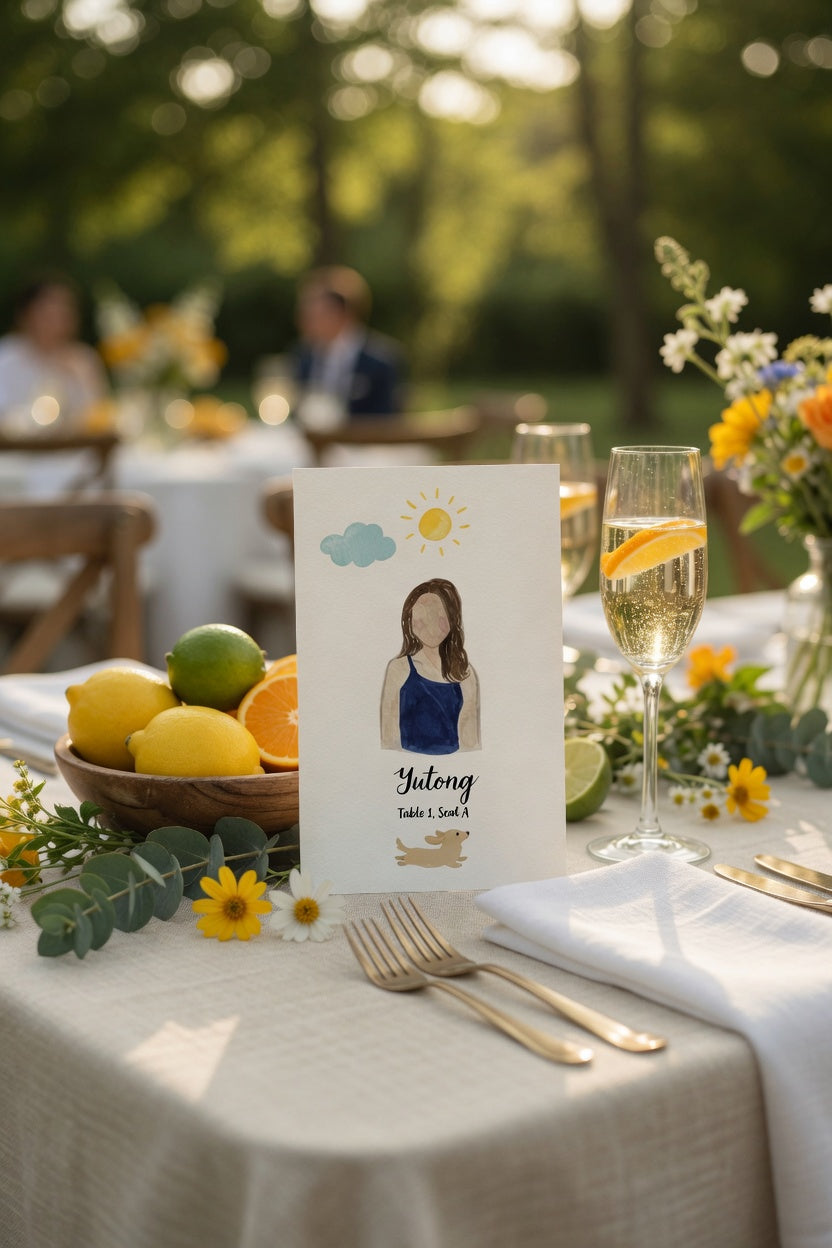 Table setting with a portrait card, wine glass, and lemons outdoors.