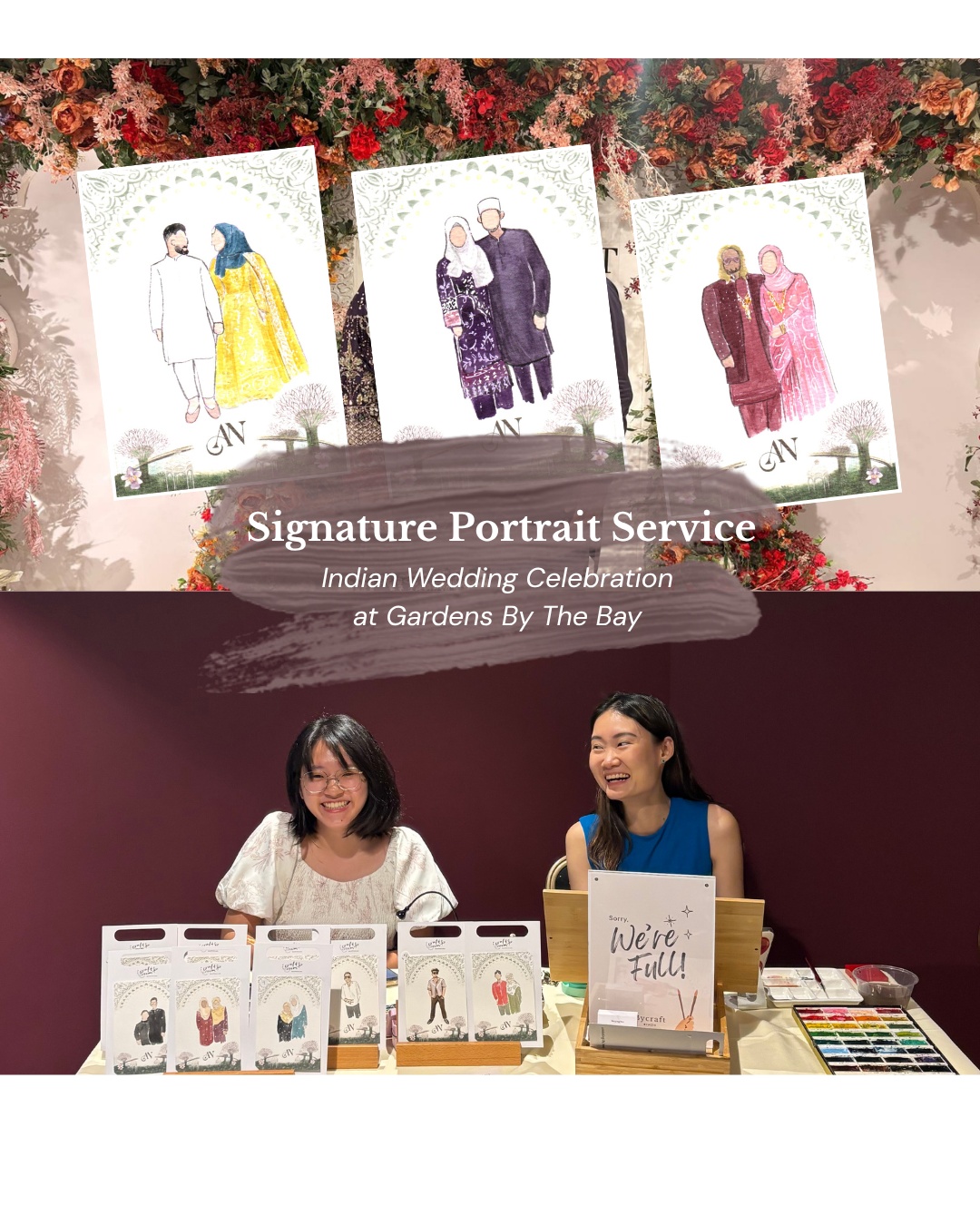Two women sitting at a table with art supplies and printed portraits, promoting a signature portrait service for an Indian wedding celebration.
