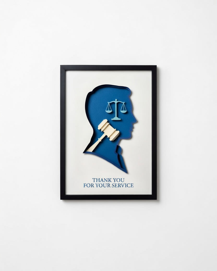 Framed artwork with a silhouette of a judge's head and gavel, featuring the text 'Thank you for your service' on a white background.
