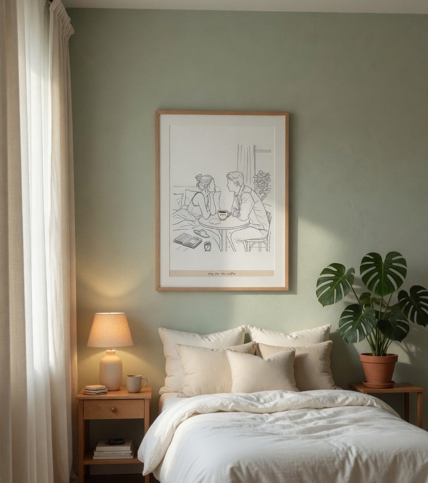 Cozy bedroom with a bed, nightstands, lamp, and framed artwork on a green wall.