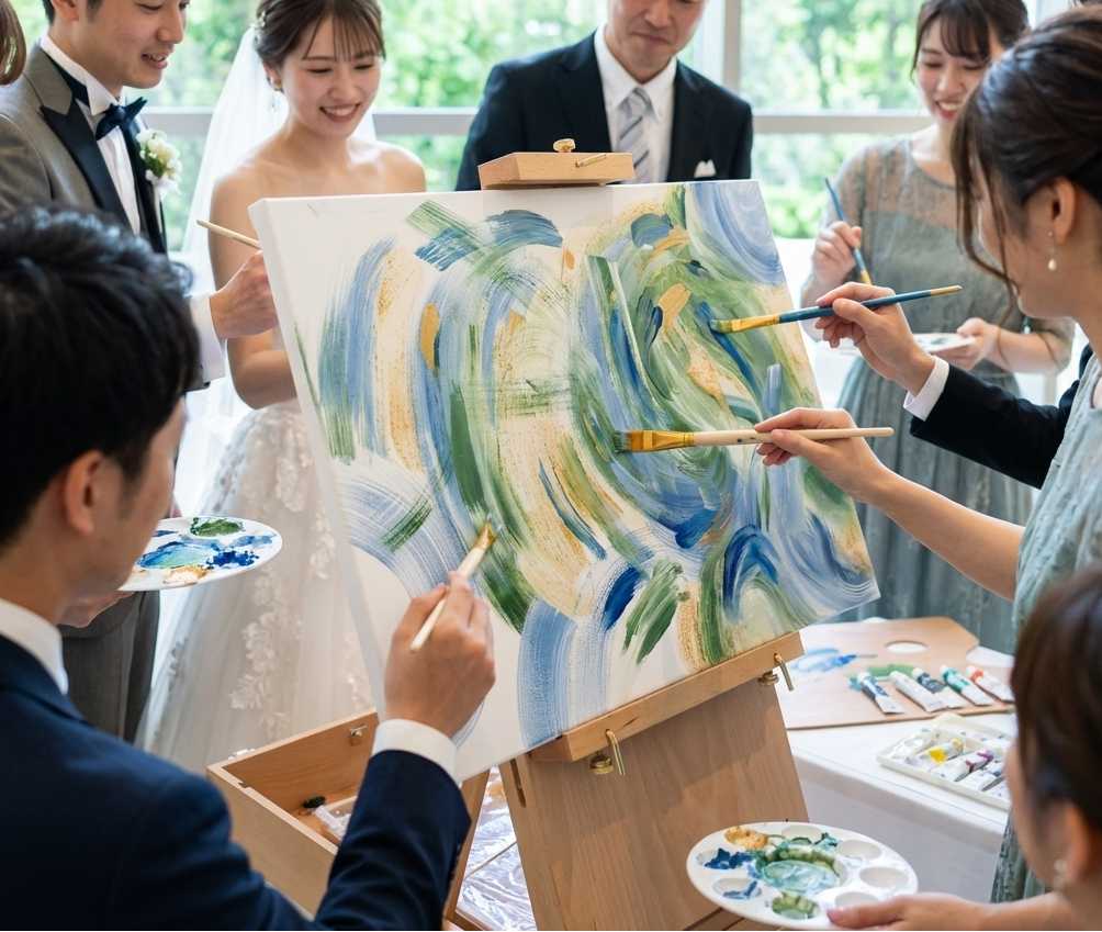 Group of people painting a landscape scene with watercolors.