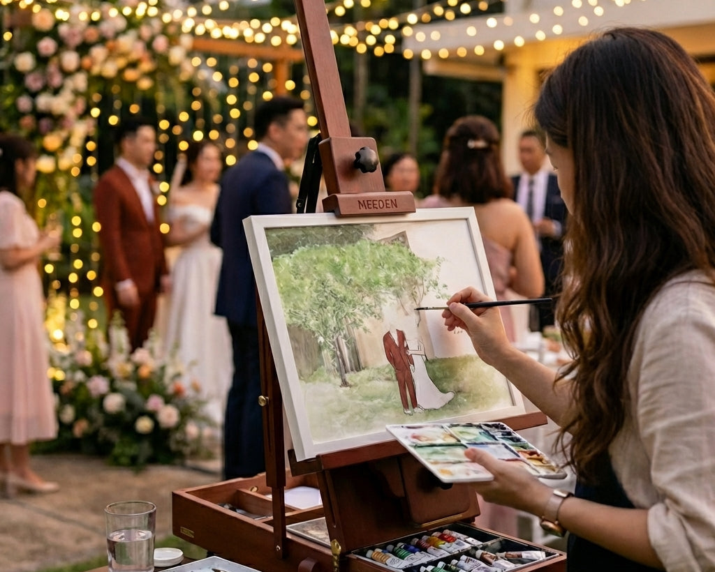 Artist painting a bride and groom at a wedding reception with string lights and guests in the background.