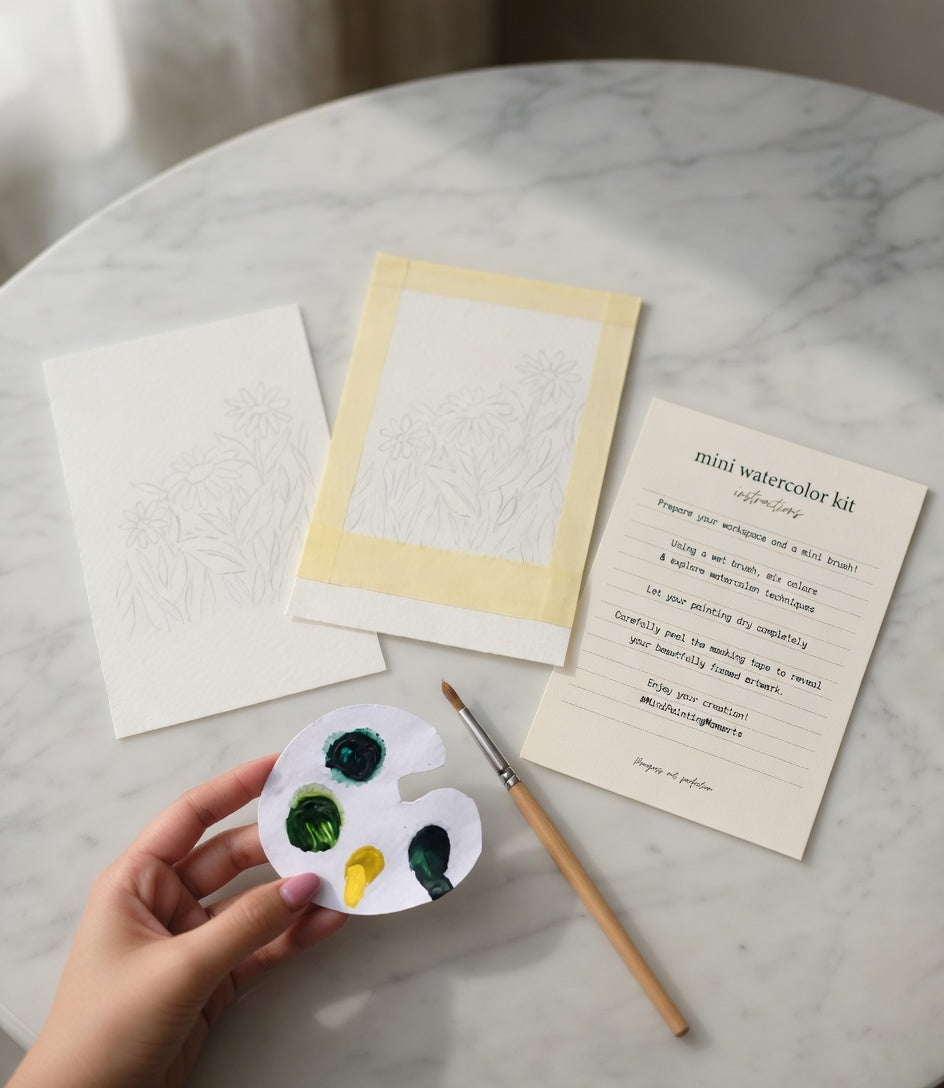 Mini watercolor kit with paint palette, brushes, and instructions on a marble surface.