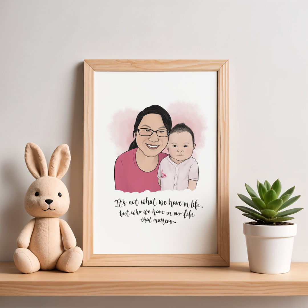 Framed portrait of a woman and child with a quote, placed on a shelf with a plush bunny and plant.